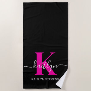 Elegante Zwarte Hot Pink Script Monogram Strandlaken