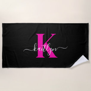 Elegante Zwarte Hot Pink Script Monogram Strandlaken