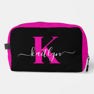 Elegante Zwarte Hot Pink Script Monogram Toilettasje
