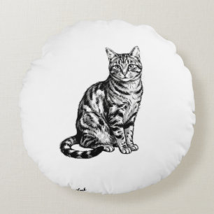 Elegante Zwarte Inkt Kat Schets Illustratie PNG Rond Kussen