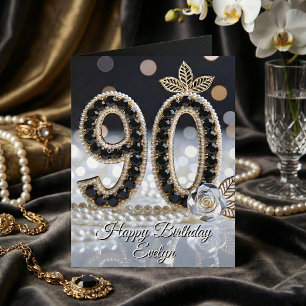 Elegante Zwarte Juwelen Parels En Goud 90e Verjaar Kaart