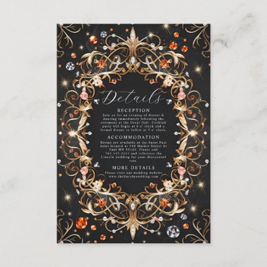 Elegante zwarte juwelen versierd bruiloft informatiekaartje (Voorkant)