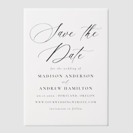 Elegante zwarte kalligrafie bruiloft Save the Date Vellum Uitnodigingen (Voorkant)