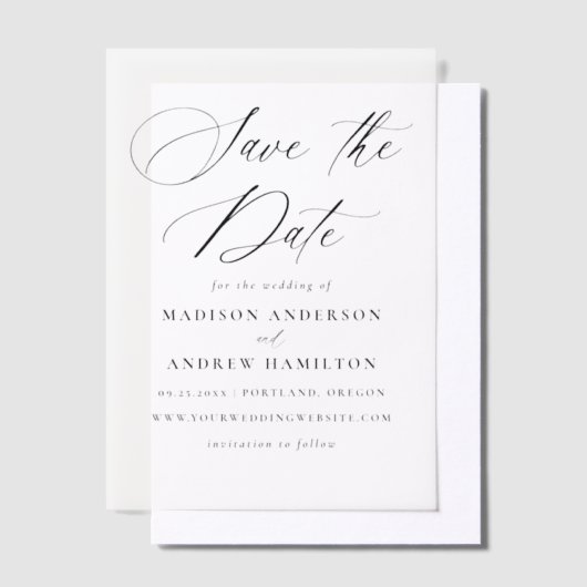 Elegante zwarte kalligrafie bruiloft Save the Date Vellum Uitnodigingen (Offset)