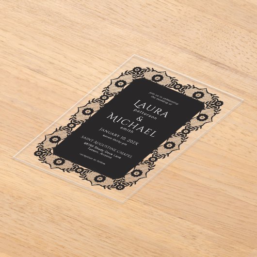 Elegante zwarte kant acryl bruiloft uitnodiging acryl uitnodigingen (Laagn)