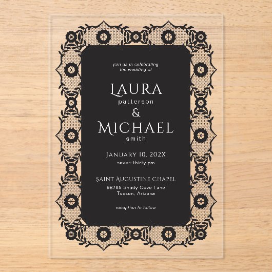 Elegante zwarte kant acryl bruiloft uitnodiging acryl uitnodigingen (Voorkant)
