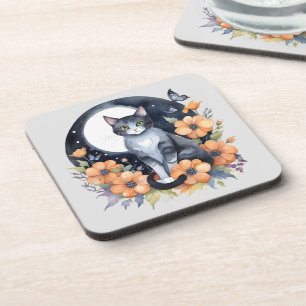 Elegante Zwarte Kat Bloemen Maan Kunst Kat Liefheb Bier Onderzetter
