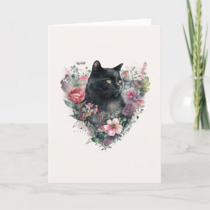 Elegante zwarte kat met bloemen Valentijnsdag Hol Feestdagen Kaart