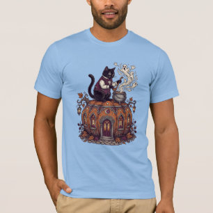 Elegante Zwarte Kat Pompoenhuis Shirt Goth T-shirt
