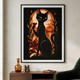 Elegante Zwarte Kat Retro Art Deco Minimalistisch Poster