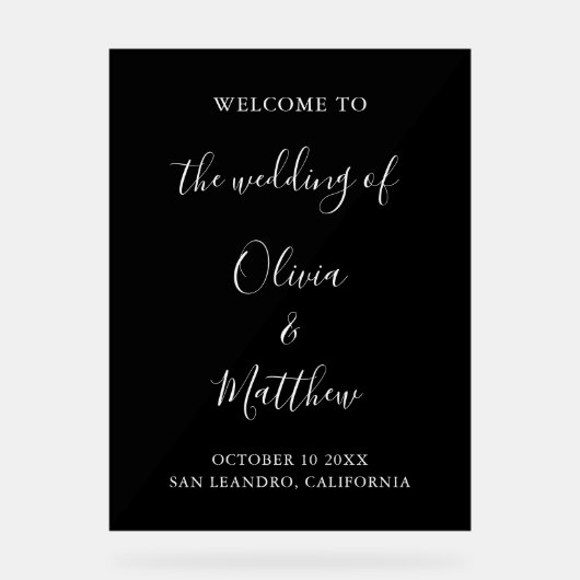 Elegante zwarte klassieke minimalistische bruiloft acryl bord (Voorkant)