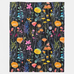Elegante zwarte kleurrijke wilde bloemen aquarel fleece deken