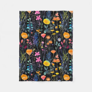 Elegante zwarte kleurrijke wilde bloemen aquarel fleece deken