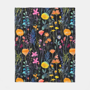 Elegante zwarte kleurrijke wilde bloemen waterverf fleece deken