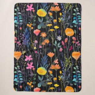 Elegante zwarte kleurrijke wilde bloemen waterverf sherpa deken