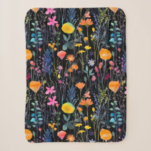 Elegante zwarte kleurrijke wilde bloemen waterverf sherpa deken