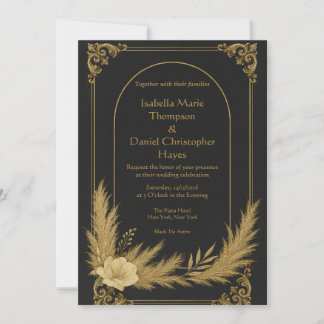 Elegante zwarte luxe trouwuitnodiging met goud kaart