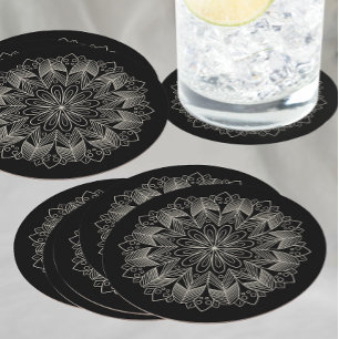 Elegante Zwarte Mandala Boho Chic Indiase Bruiloft Ronde Kartonnen Onderzetter