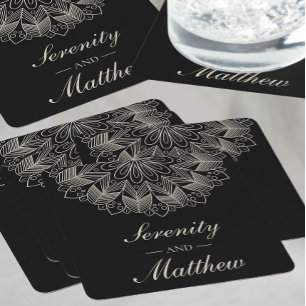 Elegante Zwarte Mandala Boho Chic Indiase Bruiloft Vierkante Kartonnen Onderzetter