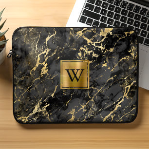 Elegante zwarte marmeren goud geborstelde metalen laptop sleeve