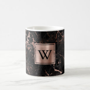Elegante zwarte marmeren roze gouden monogram koffiemok