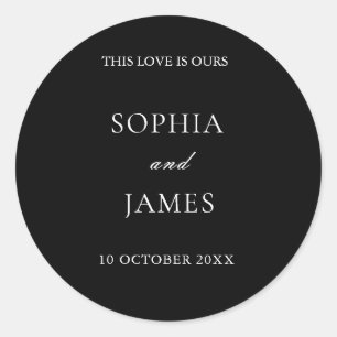 Elegante zwarte minimalistische bruiloft ronde sticker