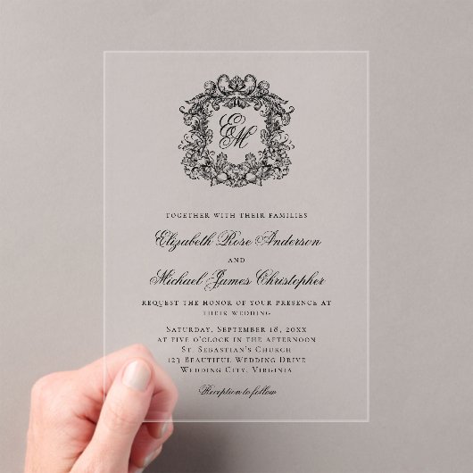 Elegante zwarte monogram crest bruiloft acryl uitnodigingen (Insitu (Draagbaar))