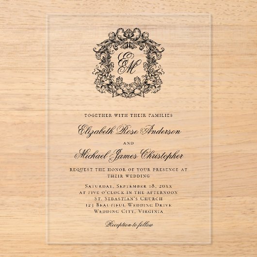 Elegante zwarte monogram crest bruiloft acryl uitnodigingen (Voorkant)