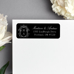 Elegante Zwarte Monogram Huwelijksadreslabel Etiket