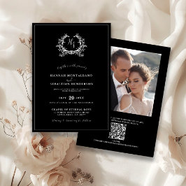 Elegante Zwarte Monogram Wapen QR Code Trouwfeest Kaart