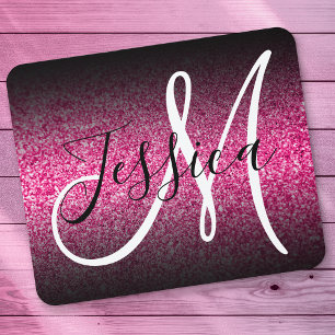 Elegante Zwarte Ombre Roze Glitter Monogram Muismat