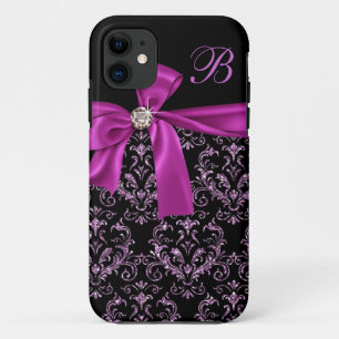 Elegante Zwarte Paarse Damast Diamanten Boog Monog iPhone 11 Hoesje