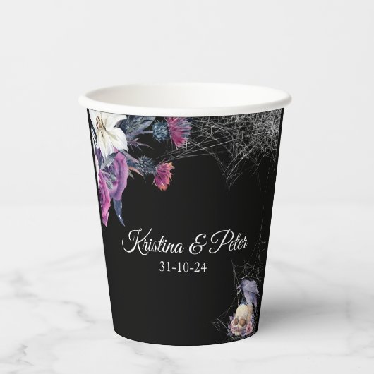 Elegante Zwarte Paarse Gotische Bloemenskelet Brui Papieren Bekers (Voorkant)