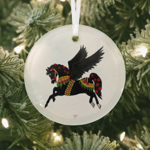 Elegante Zwarte Pegasus Vintage Draaimolenpaard Glas Ornament