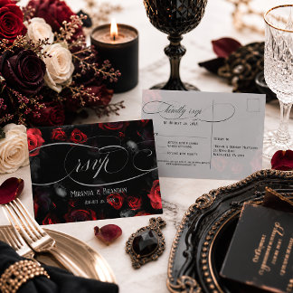 Elegante Zwarte Rode Bloemige Trouw RSVP Postkaart Aankondigingskaart