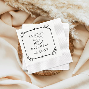 Elegante zwarte rolwerk kader monogram bruiloft servet