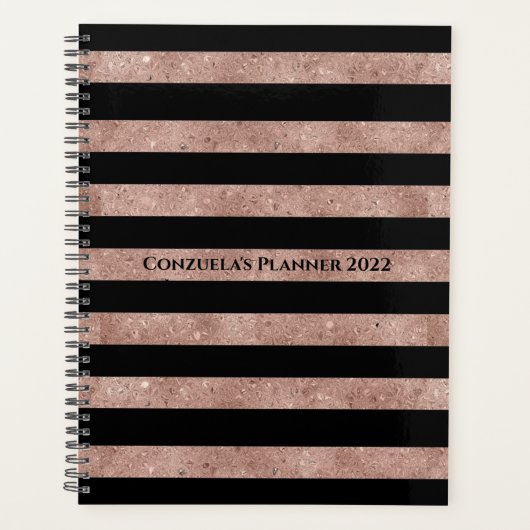 Elegante zwarte roze gouden glinsterende strepen planner (Voorkant)