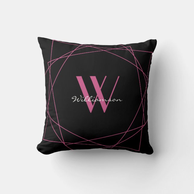 Elegante Zwarte Roze Monogram Geometrische Naam Sc Kussen (Voorkant)