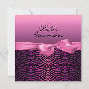 Elegante Zwarte & Roze Zebra Quinceañera Uitnodigi Kaart