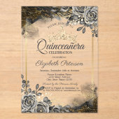 Elegante zwarte Rozen Gotische Quinceañera Acryl Uitnodigingen (Voorkant)