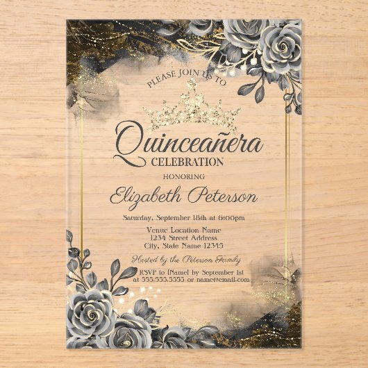 Elegante zwarte Rozen Gotische Quinceañera Acryl Uitnodigingen (Voorkant)