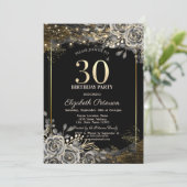 Elegante zwarte Rozen, String Lights 30th Verjaard Kaart (Staand voorkant)