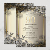 Elegante zwarte Rozen, String Lights 90th Verjaard Kaart (Voorkant / Achterkant)