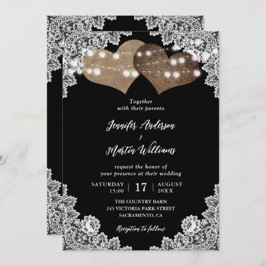 Elegante Zwarte Rustieke Harten Bloemen Kant Trouw Kaart (Voorkant / Achterkant)