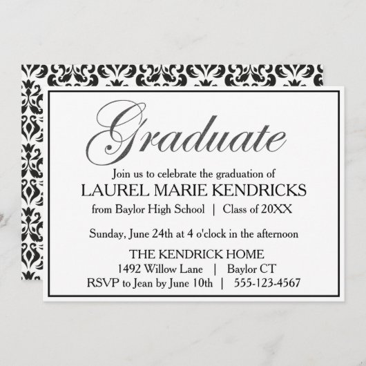 Elegante zwarte script afstudeerfeest kaart (Voorkant / Achterkant)