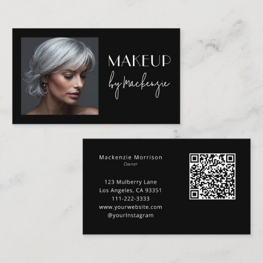Elegante Zwarte Script QR Code Foto Make-up Visitekaartje (Voorkant / Achterkant)