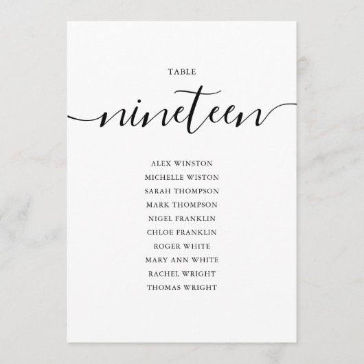 Elegante Zwarte Script Tafel Nummer 19 Stoelenplat Kaart (Voorkant)