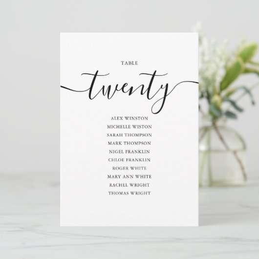 Elegante Zwarte Script Tafel Nummer 20 Stoelenplat Kaart (Staand voorkant)