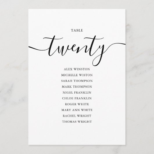 Elegante Zwarte Script Tafel Nummer 20 Stoelenplat Kaart (Voorkant)