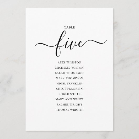 Elegante Zwarte Script Tafelnummer 5 Zitplaatskaar (Voorkant)